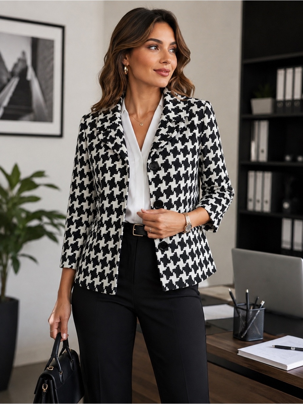 Chadwicks Black and White Houndstooth Blazer. Size:8